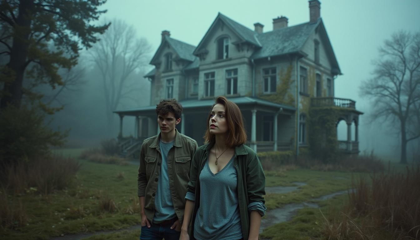 Two people exploring a spooky, rundown mansion on a foggy day.