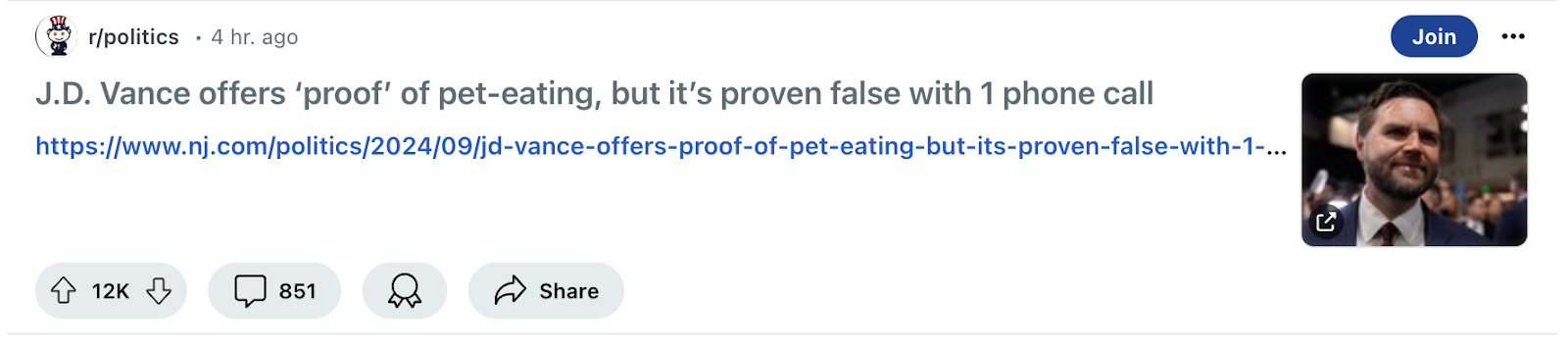 A Reddit post about J.D. Vance's "proof" of pet-eating proven false, a viral Reddit post that a brand could use to write about trending topics in politics.