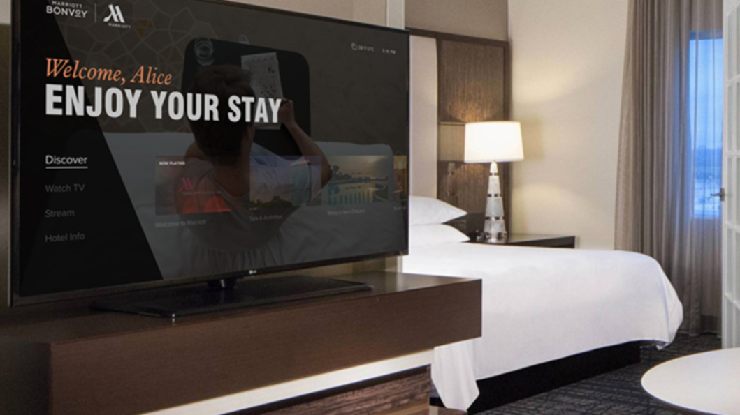 Marriott hotel room with TV screen in focus
