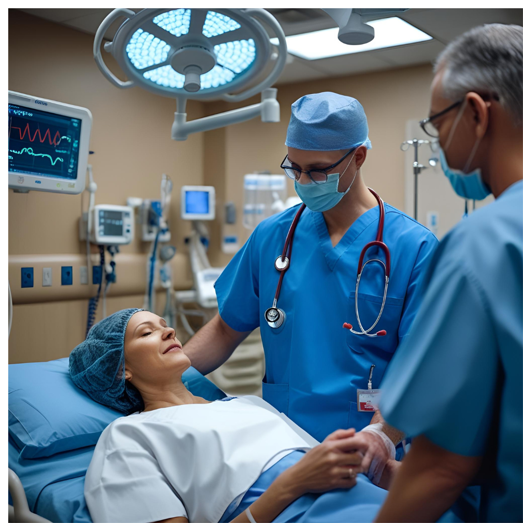 "Doctors in surgical scrubs attending to a female patient in a hospital room highlighting compassionate care and advanced medical facilities."