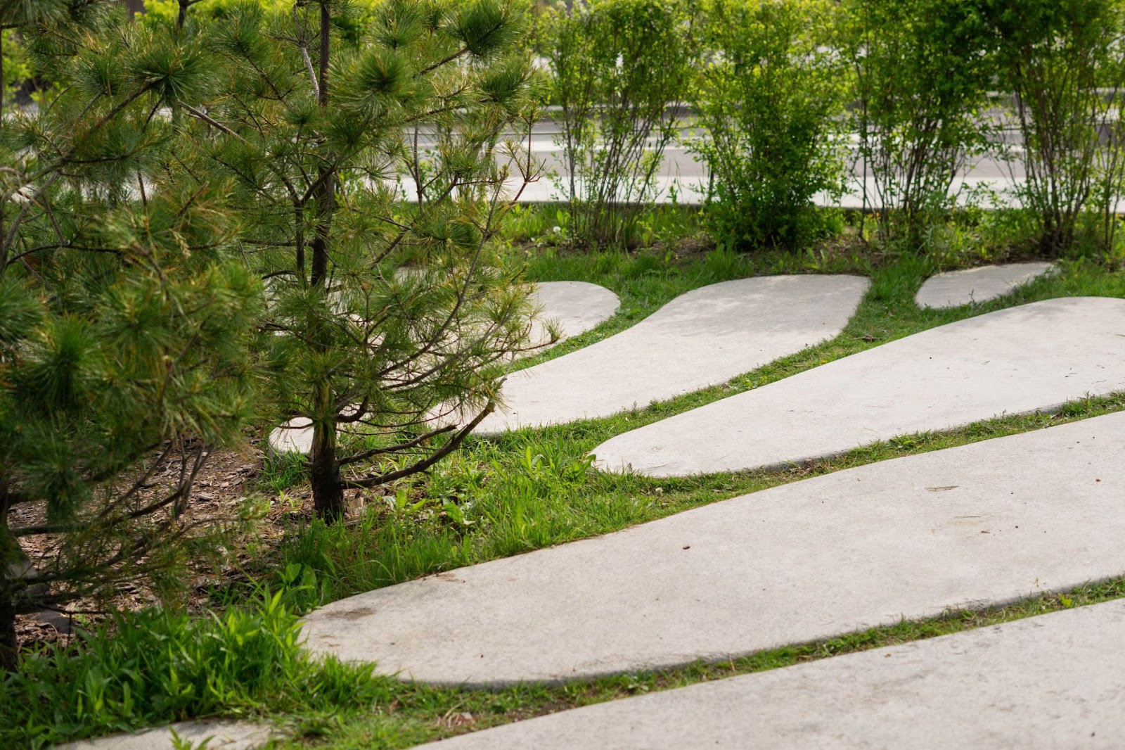 Concrete walkway designed to resemble cobblestone, winding through a park.