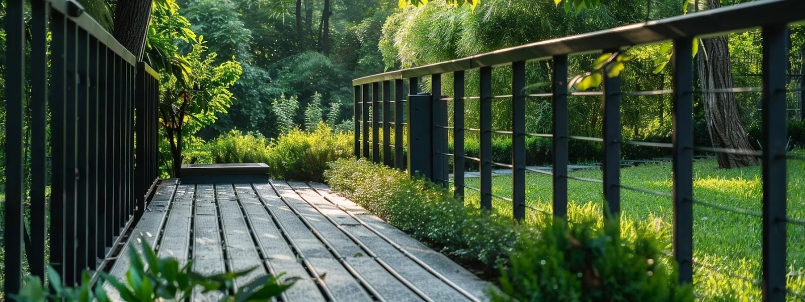 a vibrant outdoor space features sleek aluminum picket railings in an elegant design, highlighting their modern aesthetic and durability against a backdrop of lush greenery.