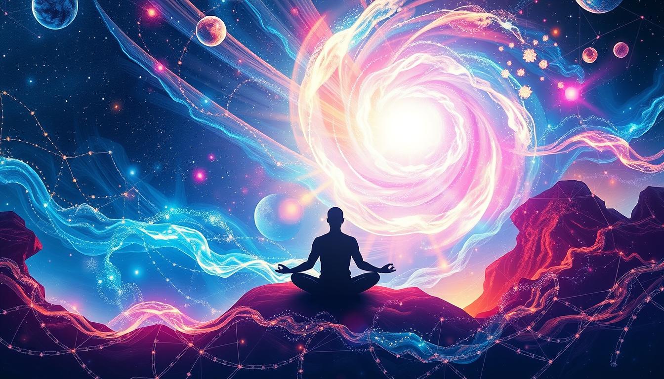 A cosmic landscape illustrating the concept of energy and vibrations, featuring swirling galaxies, radiant light beams, and interconnected particles in motion, symbolizing thoughts manifesting into reality. Incorporate elements such as a human silhouette meditating amidst a vibrant aura, surrounded by colorful geometric patterns representing positive energy flow.