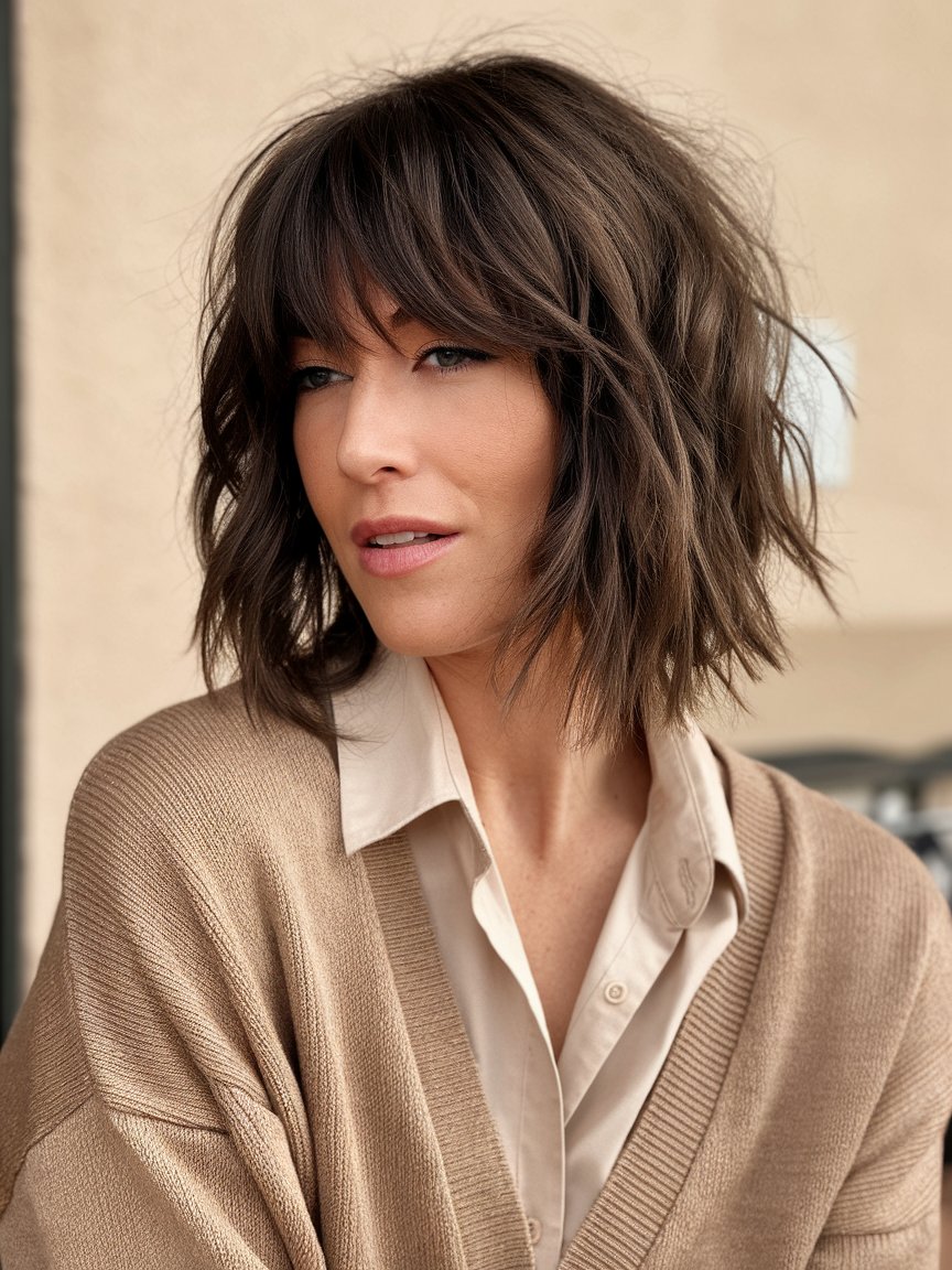 35. Textured Bob with Bangs for Thick Hair