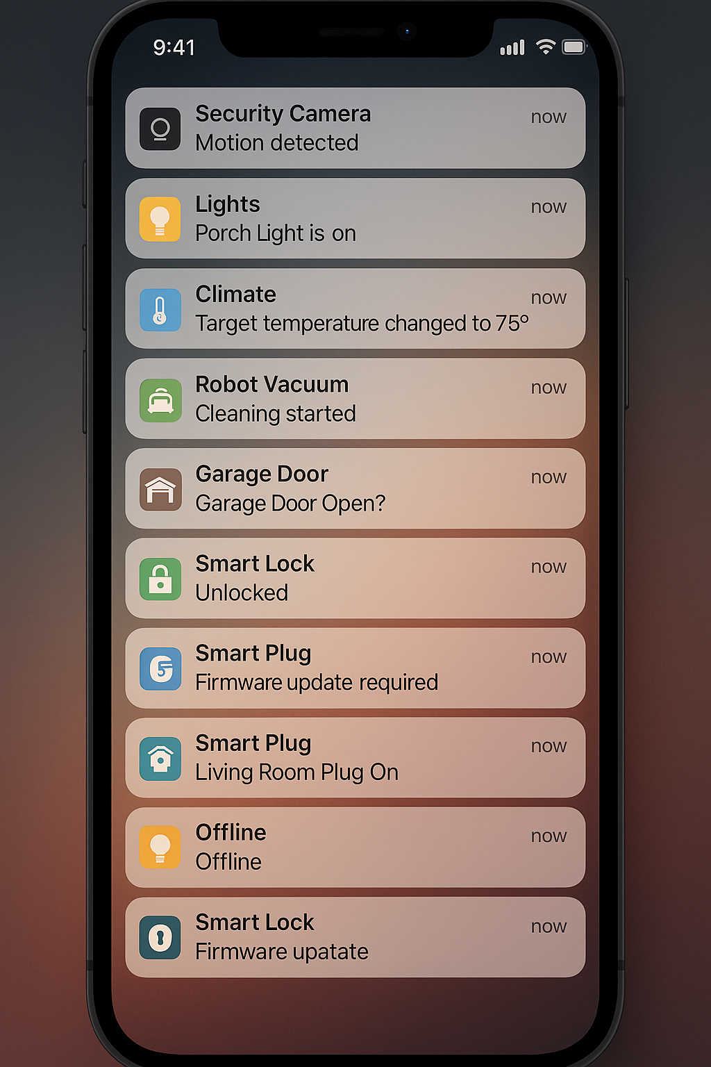 Screenshot mockup of a smartphone notification center flooded with alerts from various smart home devices.
