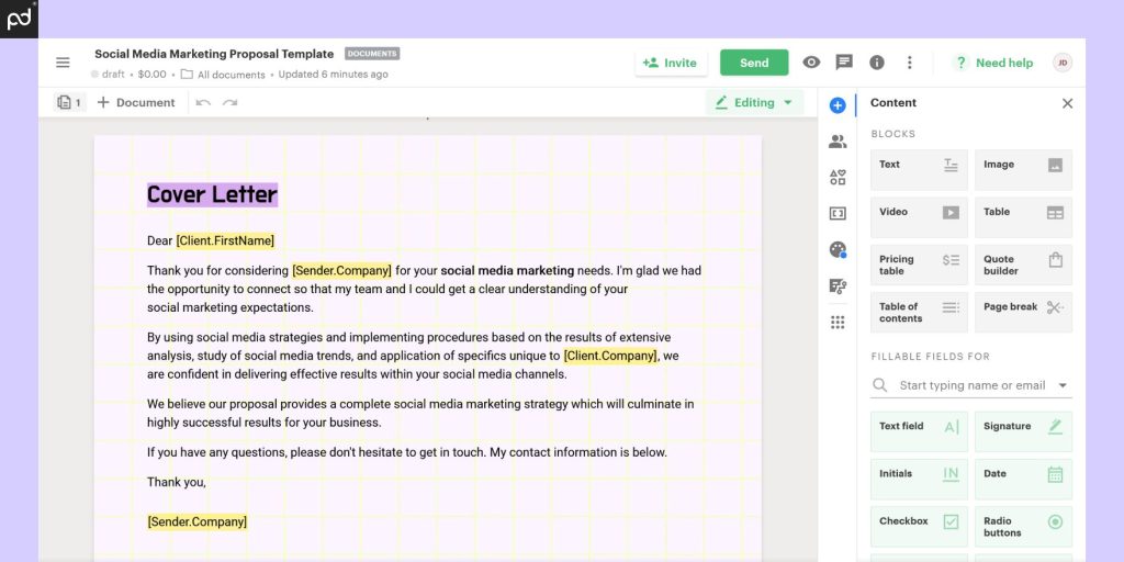 An Image Of The PandaDoc Document Editor, Demonstrating Editable Text And Various Modules For Content Production