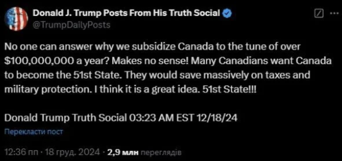 Пост Трампа у Truth Social про Канаду