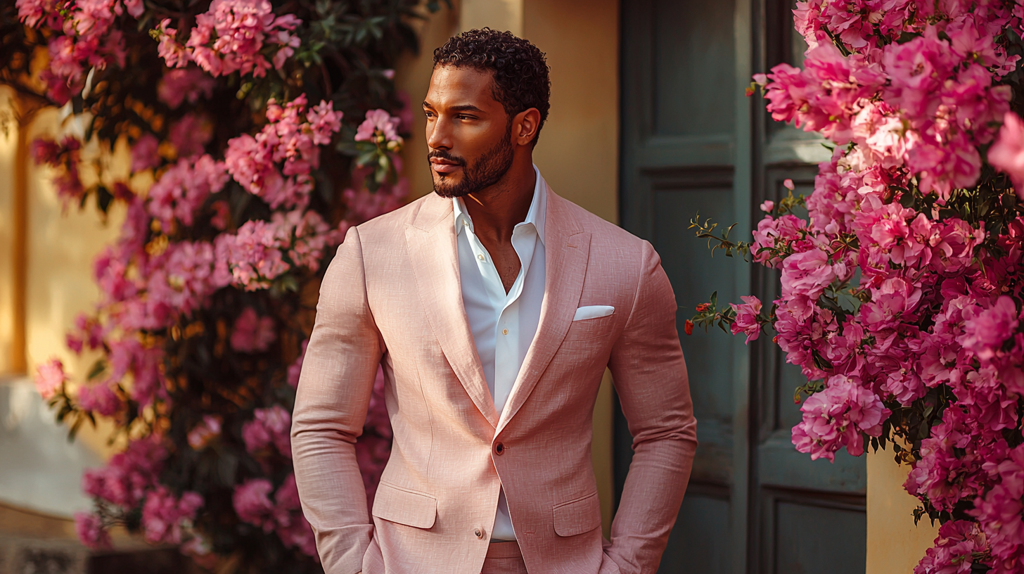 
A man wearing a light pink suit in soft pastel or blush shades, ideal for casual events, spring weddings, or daytime gatherings. The suit conveys calmness and charm, paired with a crisp white shirt and minimal accessories, creating an approachable, relaxed vibe. The setting is a sunlit outdoor garden or a bright, casual venue with light floral decorations, emphasizing a fresh, welcoming atmosphere. Photorealistic with delicate details, soft lighting, and a serene, joyful mood.