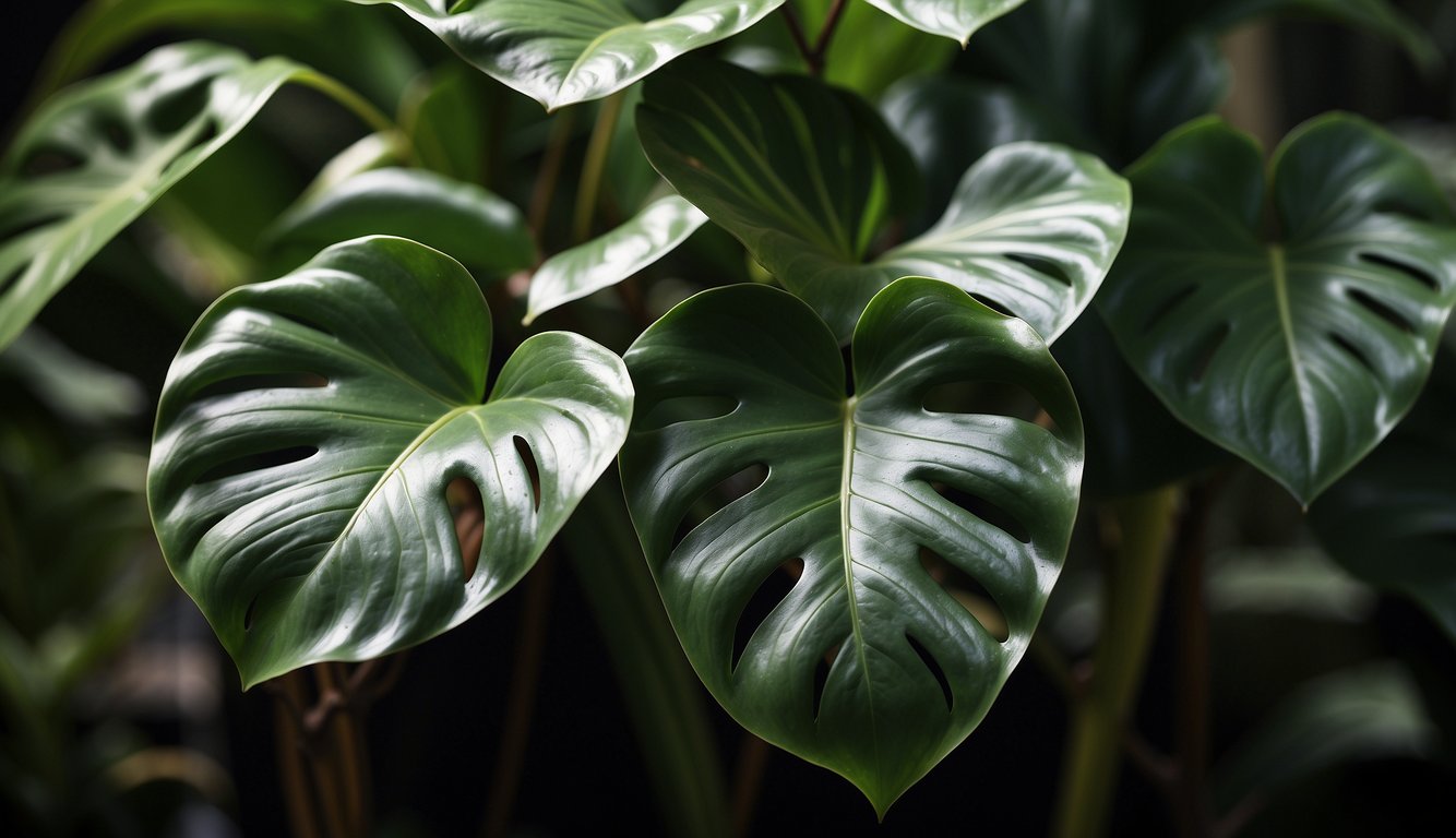 Lush, heart-shaped leaves of Philodendron Glorious contrast with the velvety, arrowhead-shaped foliage of Gloriosum. Rich green hues and unique textures create a striking visual comparison