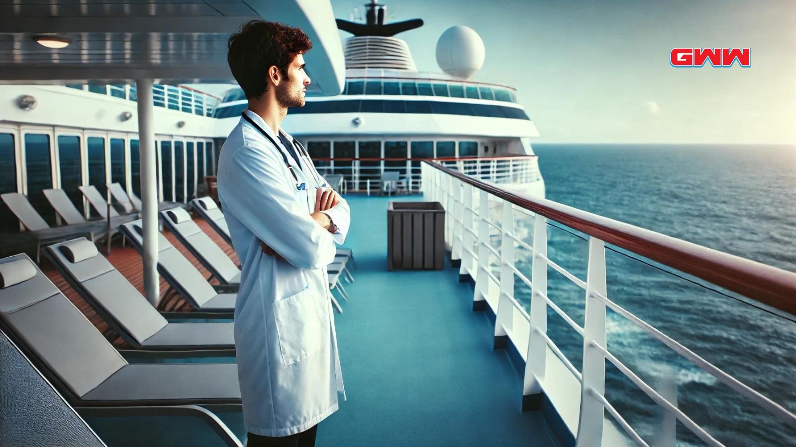 A doctor standing on the deck of a modern cruise ship, looking out at the sea.