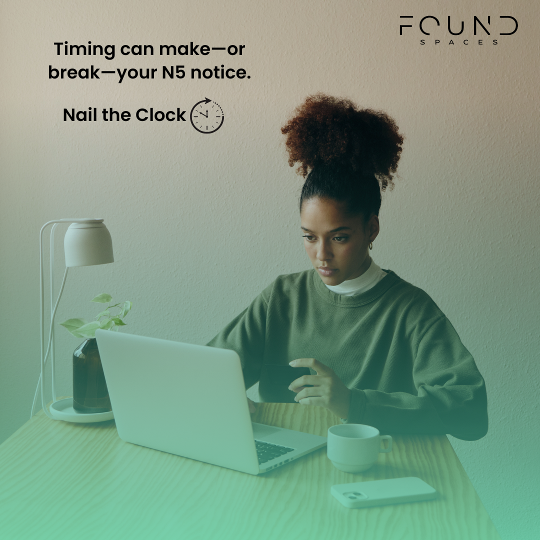 A woman sits at a desk with a laptop and a cup, reading intently. Text on image reads: "Timing can make—or break—your N5 form LTB notice. Nail the Clock." Found Spaces logo is in the corner.