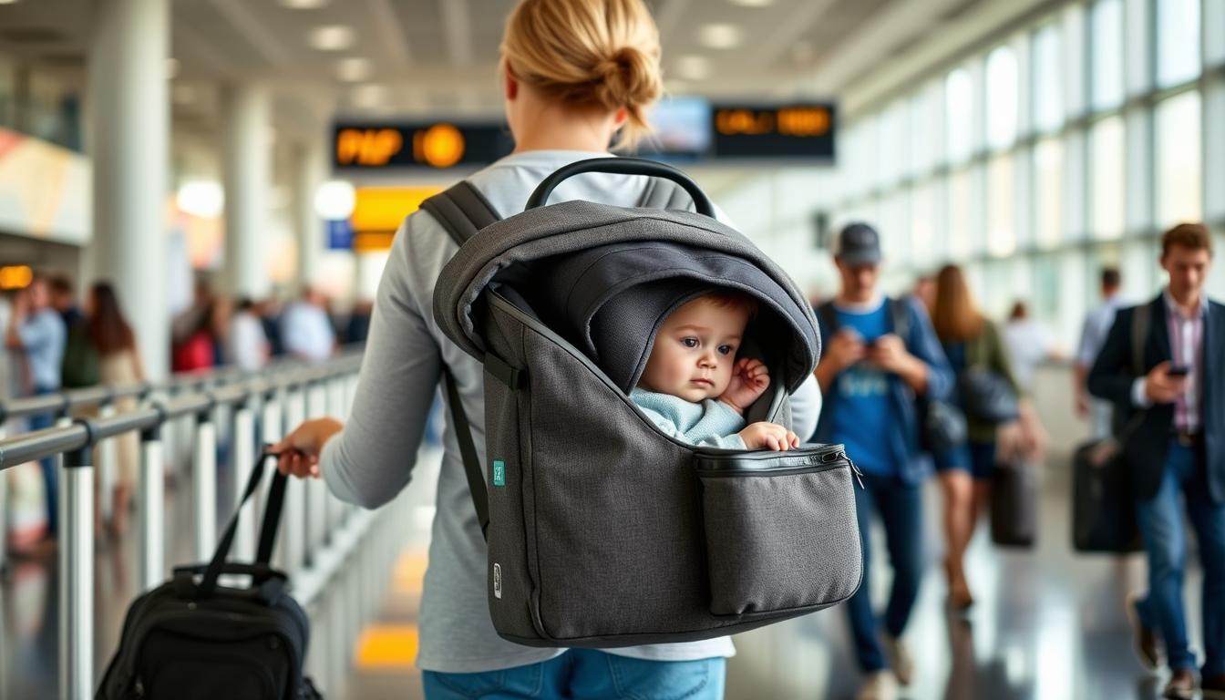 Parent carrying WayB Pico in its travel bag through airport