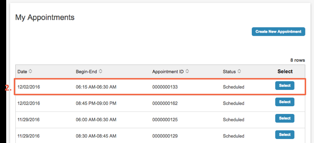 Row to Click Select and see more details about an appointment emphasized with red box highlight.