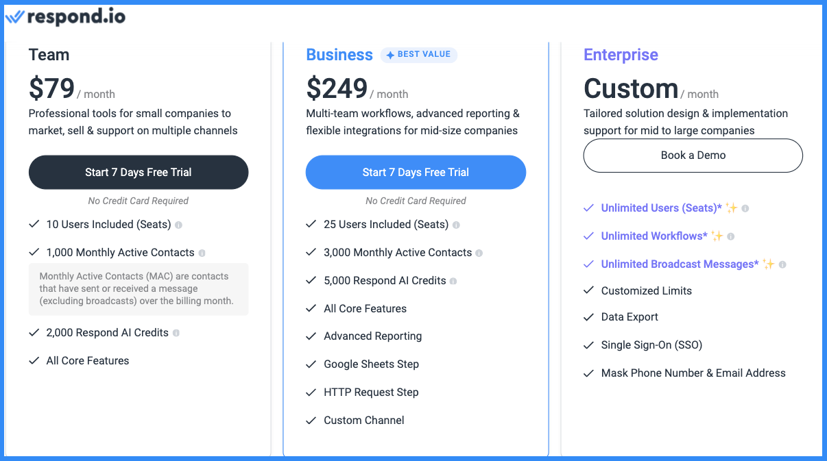 Respond.io chatbot service pricing page