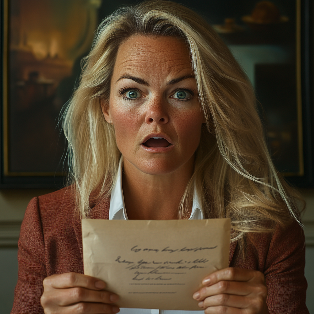 A mature woman gaping in shock while holding a letter | Source: Midjourney