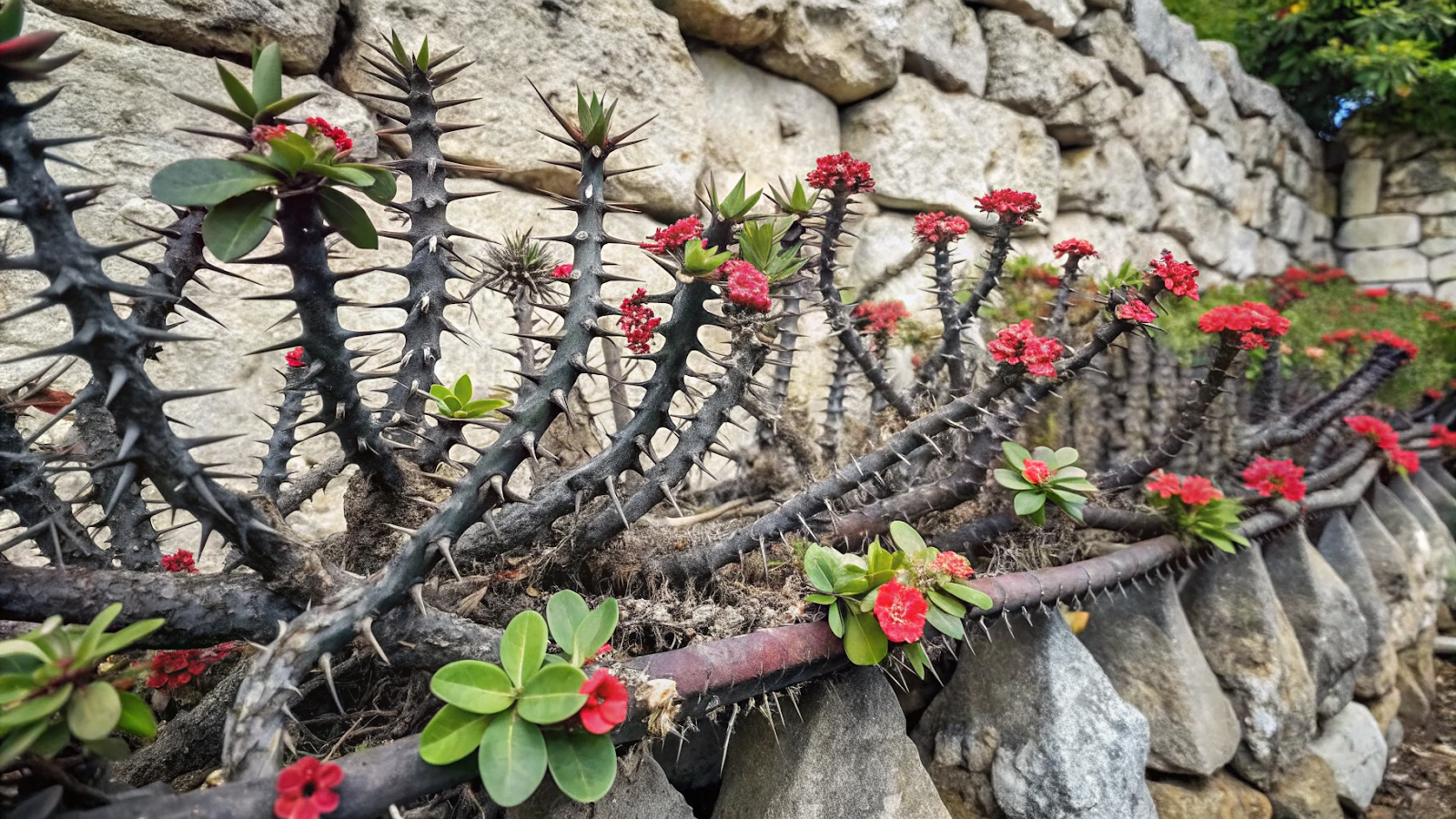 Cerca viva de coroa-de-cristo com flores vermelhas e espinhos, cercando uma área árida.