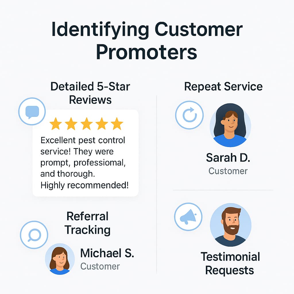 Guide for identifying pest control customer promoters who provide referrals and support lead generation services.