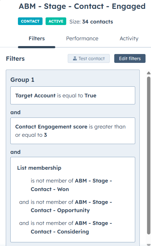 HubSpot List: Contact ABM Stage - Engaged