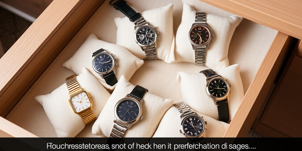 Watches stored on soft cushions in a drawer.