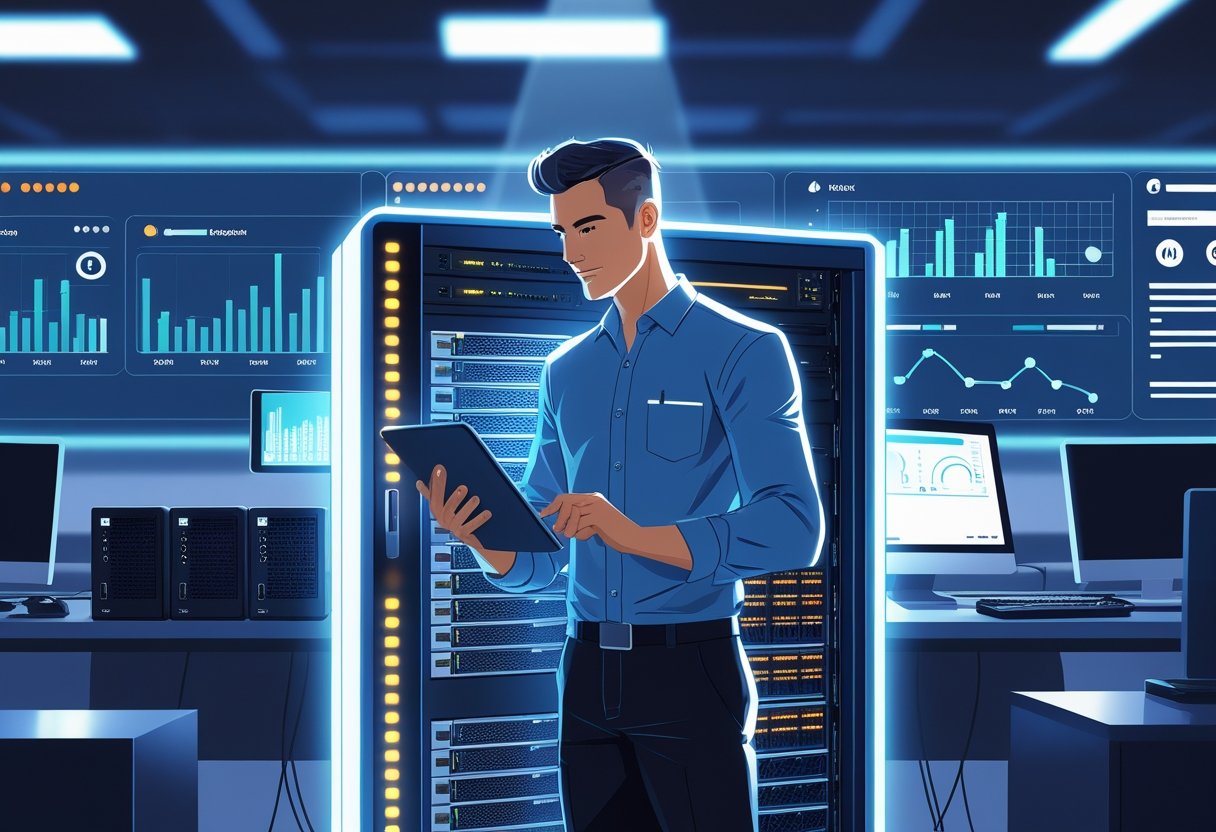 An IT technician inspecting a server rack in a modern office with various hardware components and a digital dashboard showing system status.