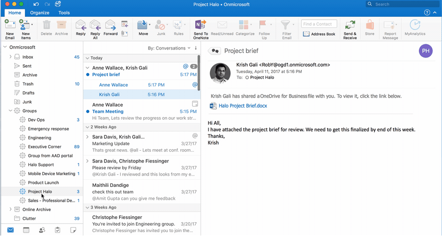 screenshot of an email group in Outlook