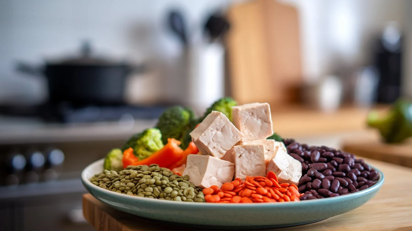 Illustration of various plant-based protein sources like tofu, lentils, and beans, with a focus on their benefits for muscle growth.