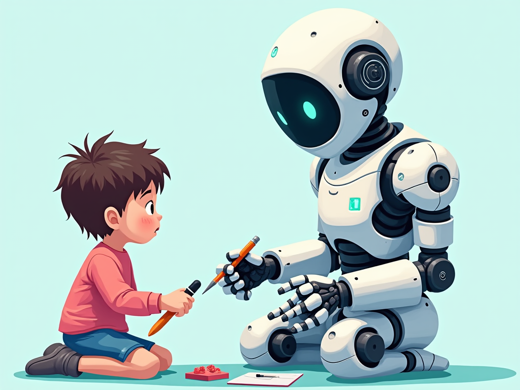 A robot giving personalized lessons to a young boy. This is a  benefit of AI in the classroom. 