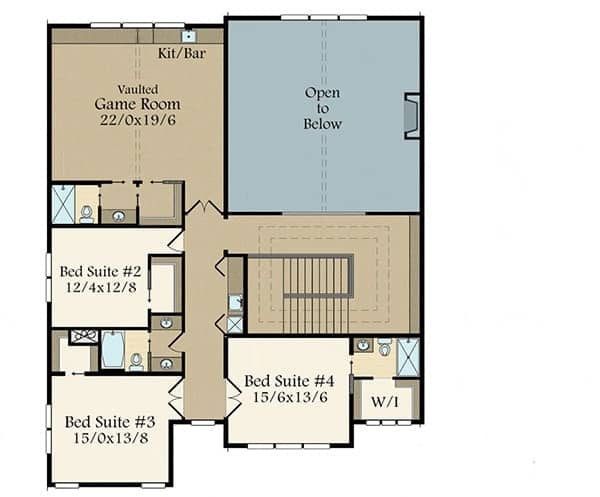 This is the second level floor plan showcasing the large bedroom suites, a large game room and an indoor balcony.