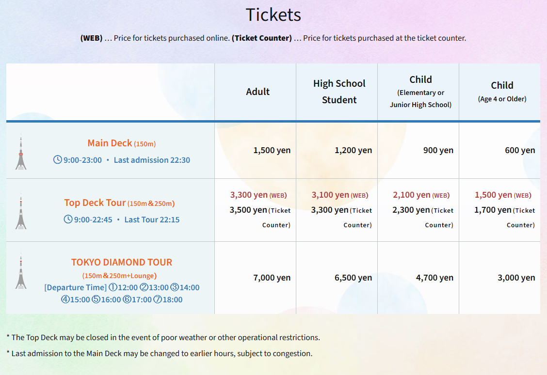 Screenshot from the Tokyo Tower website showing basic ticket prices.