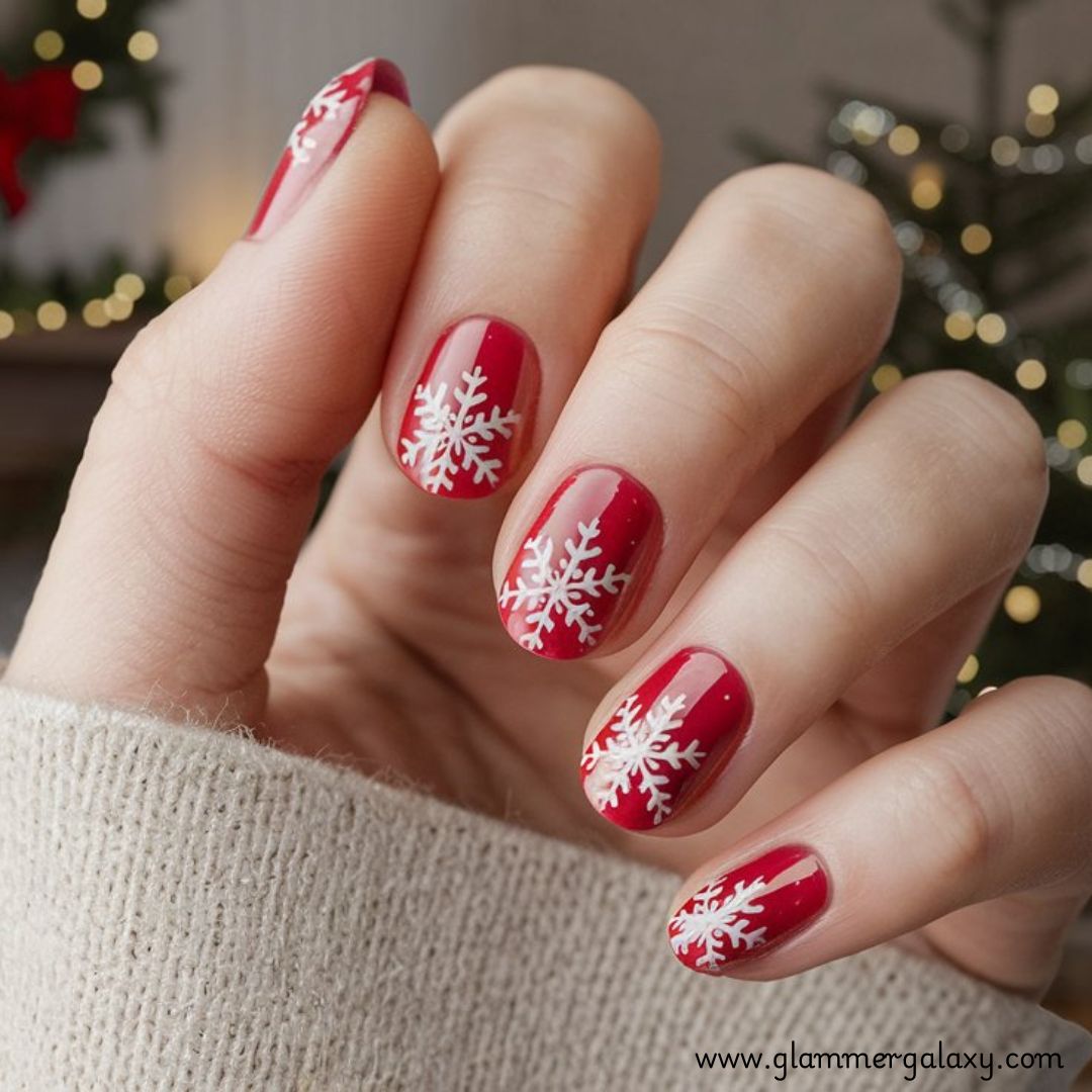 Snowflake Nails having Red Nails with Sparkling Snowflake Tips
