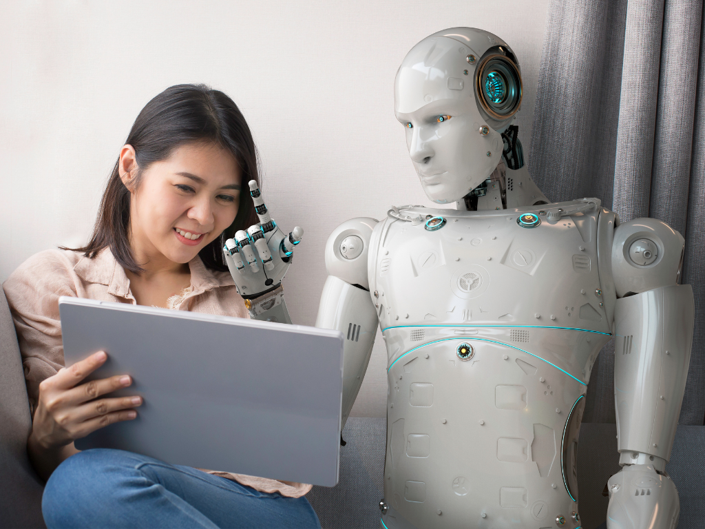 AI robot helping human student learn