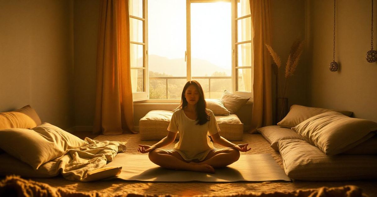 A woman meditates peacefully in a sunlit room, pondering the question: Do Lights That Flicker Mean Good or Bad Luck?