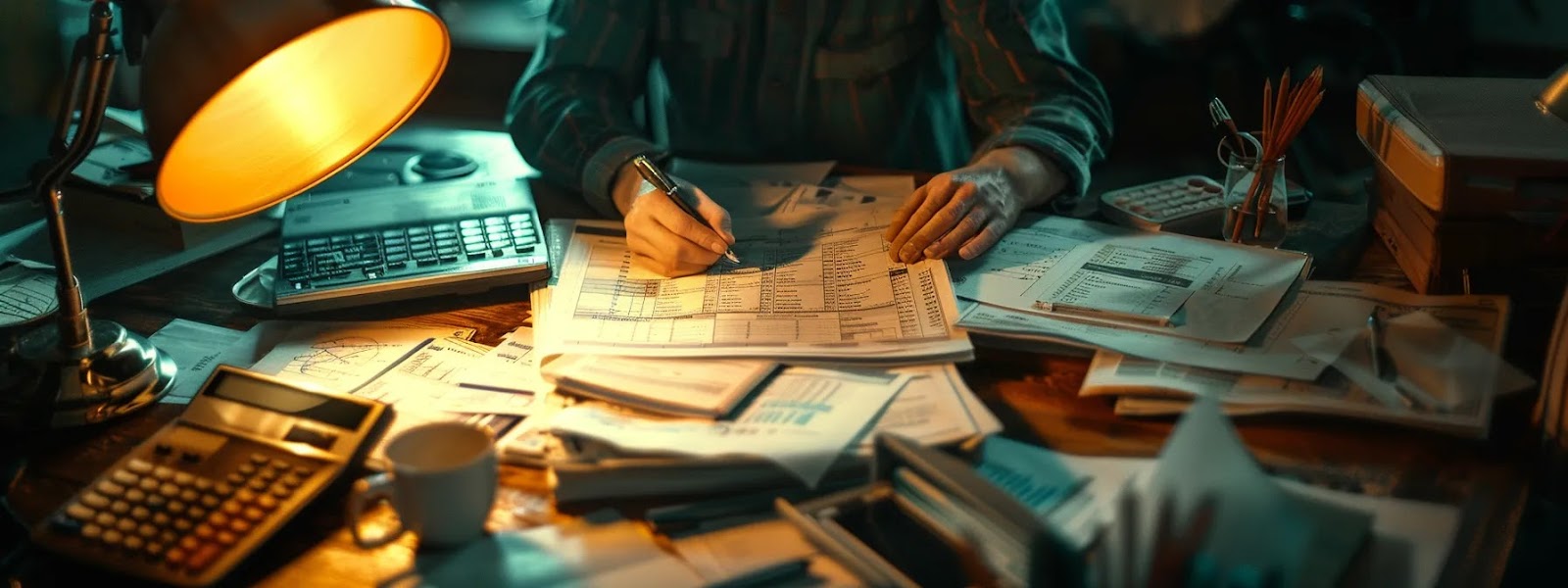 a person researching different annuity providers online, surrounded by paperwork, calculators, and financial documents.