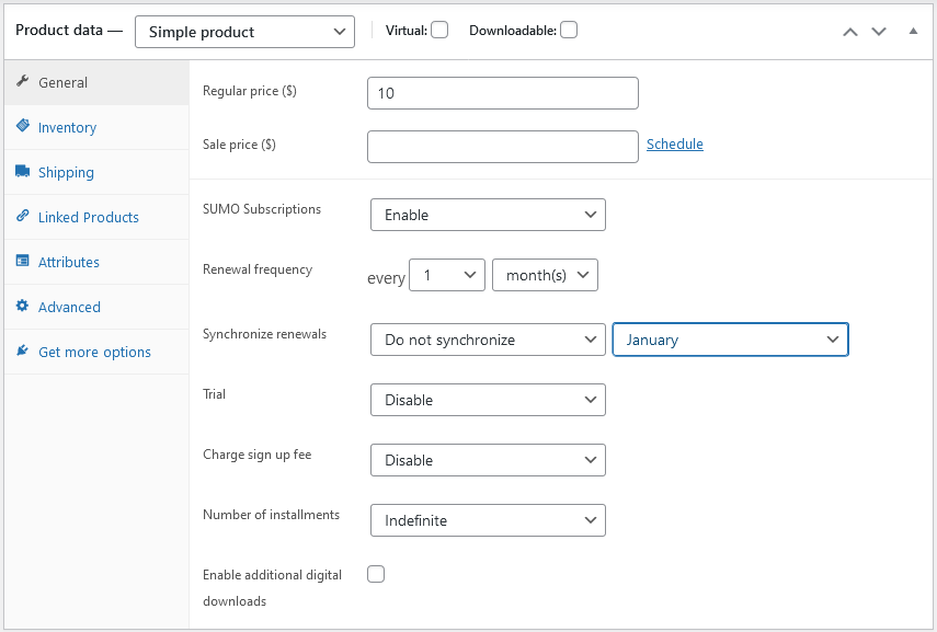 page de configuration d'un abonnement de Sumo Subscriptions