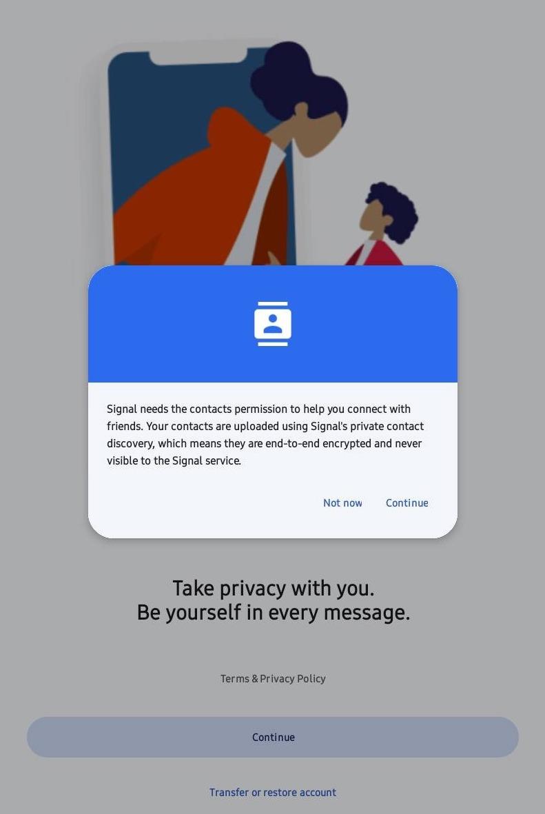 A screenshot of the Signal interface requesting you to give it access to your contact list.