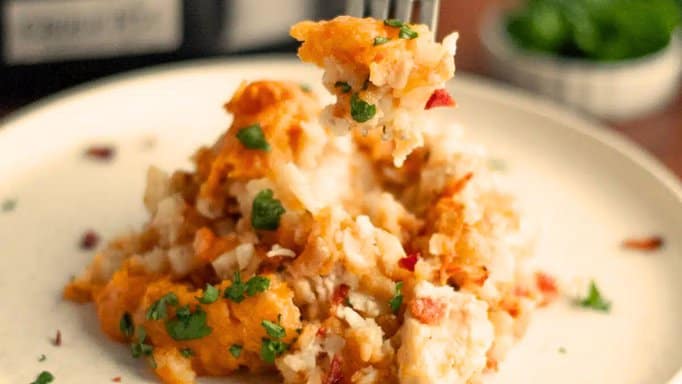 Crockpot Chicken Bacon & Ranch Tater Tot Casserole on a plate.