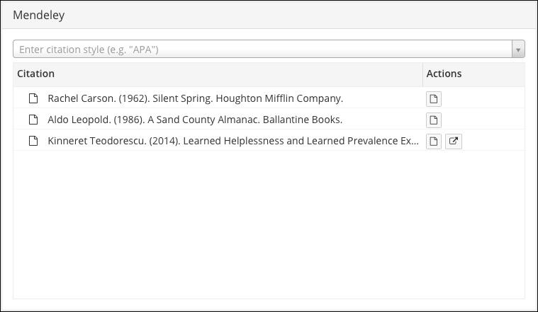 Mendeley folder viewed in OSF project