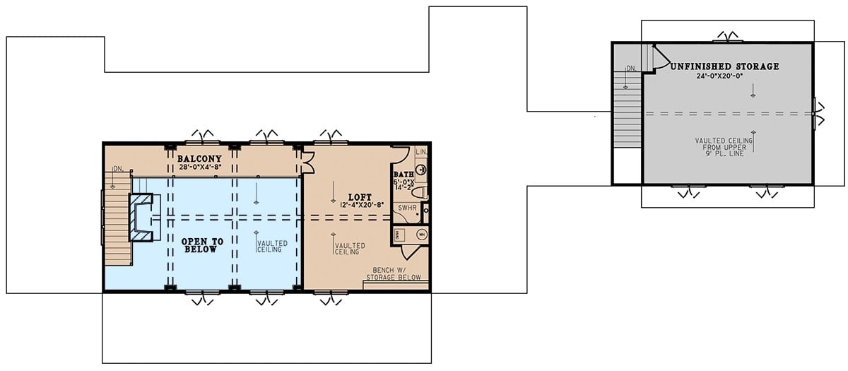 Second level floor plan with a balcony and a loft complete with a full bath.