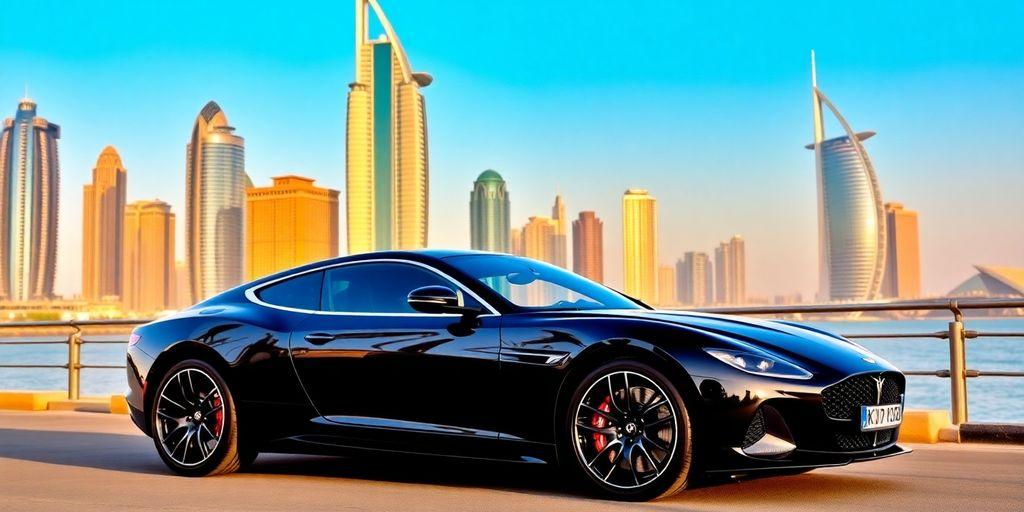 Luxury car in front of Dubai skyline.