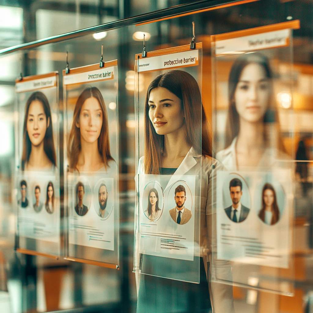 A recruiter standing behind a transparent barrier embedded with color-coded filters, symbolizing how sales skills assessments protect companies from making bad hiring decisions.