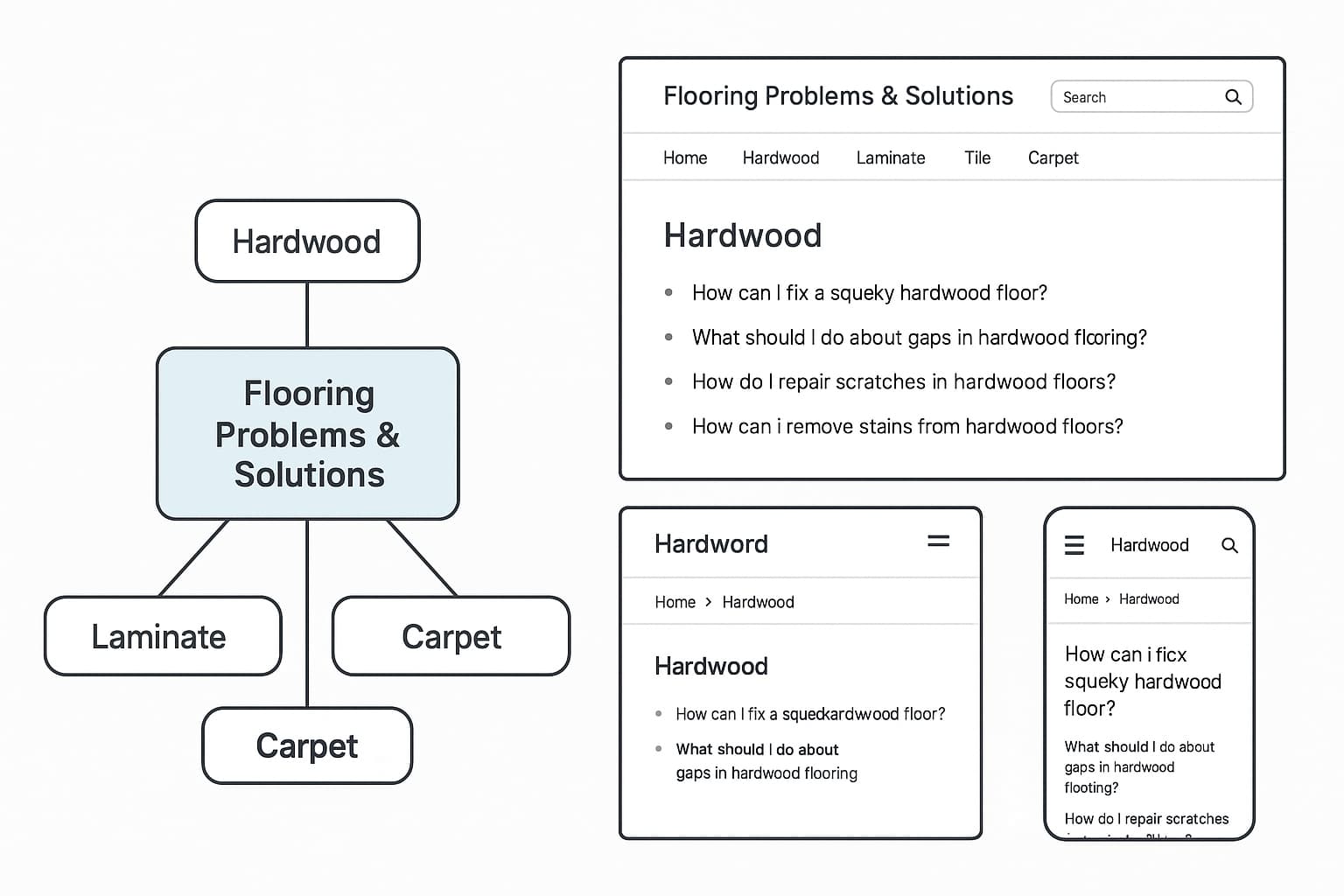FAQ library structure diagram for flooring services website showing organized navigation and user experience for potential customers.