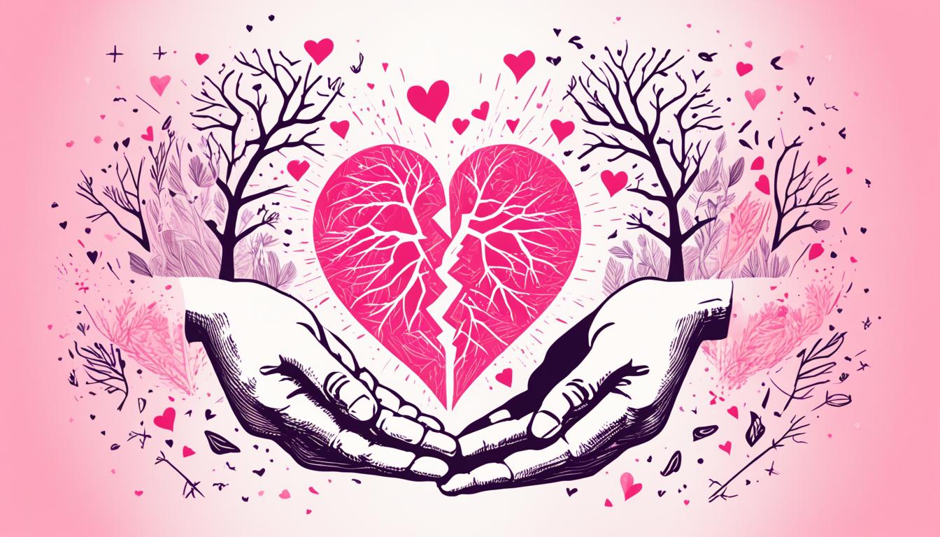 An image of two hands holding a broken heart, with one hand holding a piece that says "attract" and the other hand holding a piece that says "love again." The hands should be surrounded by symbols of intention, such as a compass pointing towards a heart or a tree growing towards the sky. The background should be in shades of pink, symbolizing love and affection.