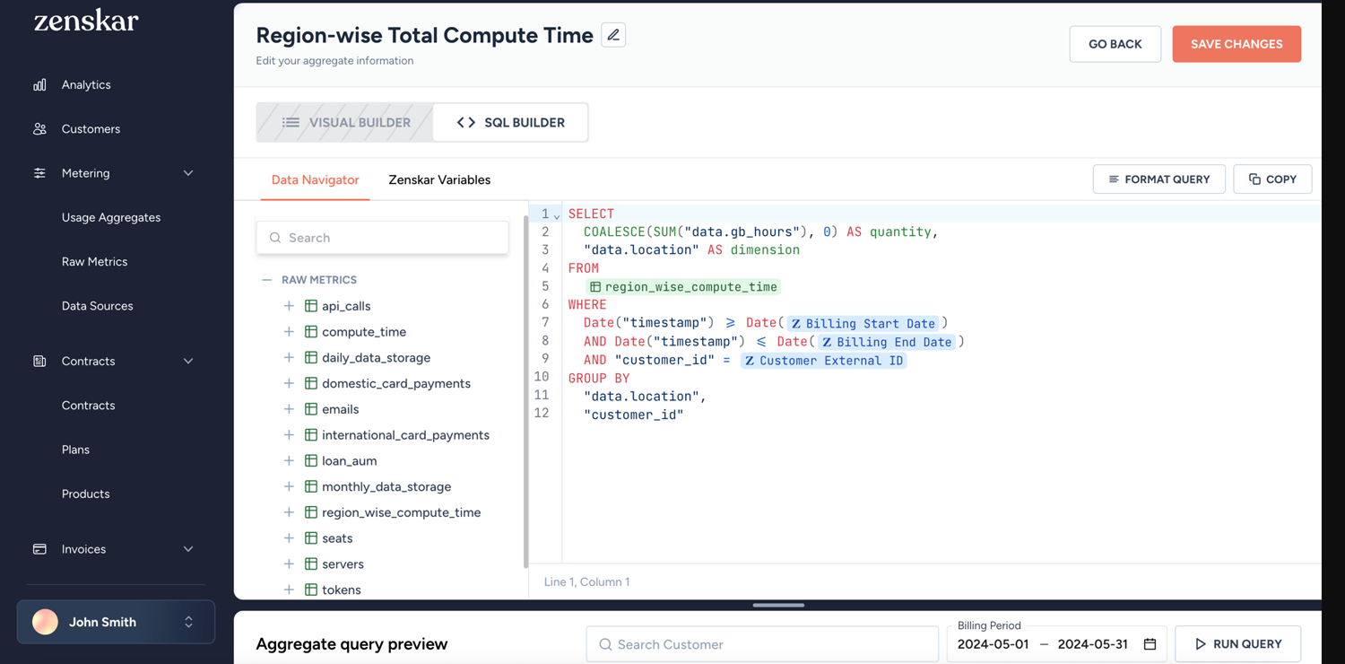 UI in Zenskar displaying their SQL Builder.