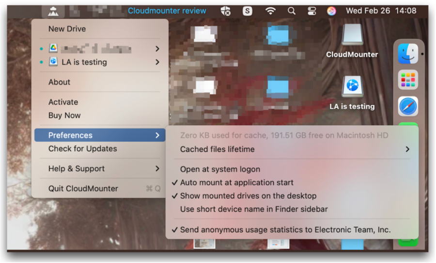 cloudmounter quick menu