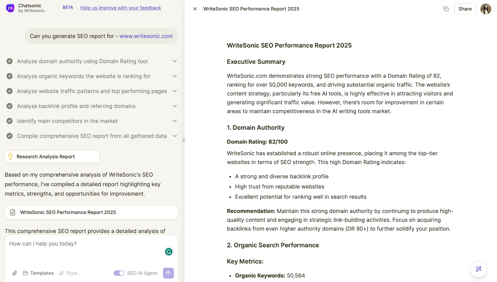 Chatsonic AI agent for creating SEO reports