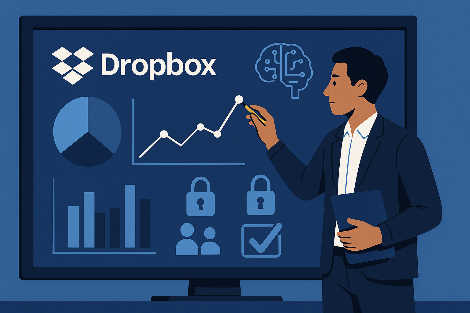 Analyst pointing at Dropbox performance, AI, and security charts