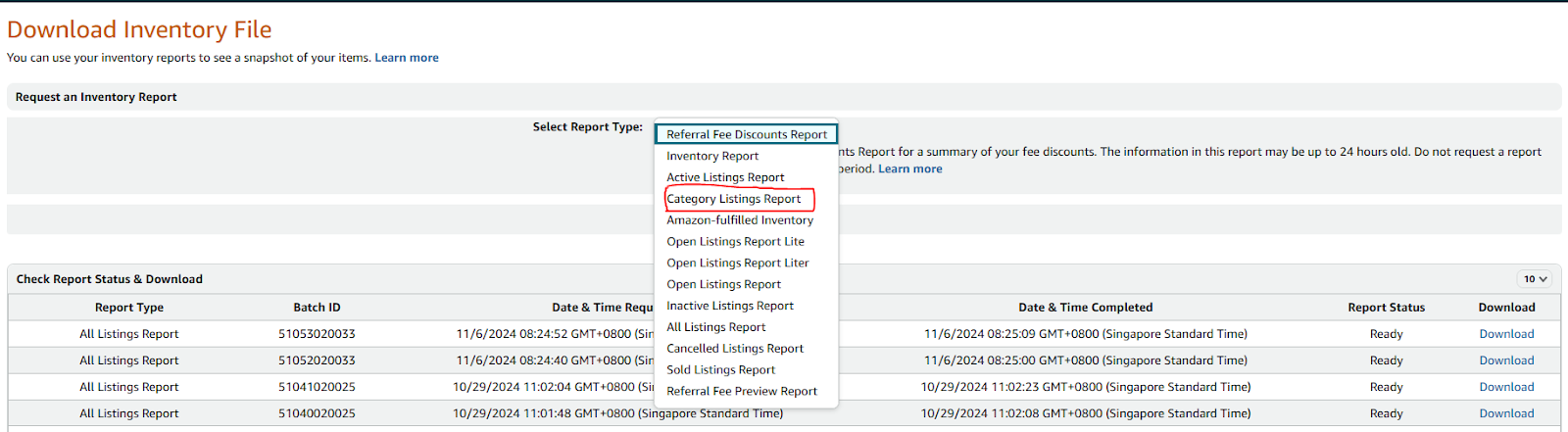 seller central category listings drop down option