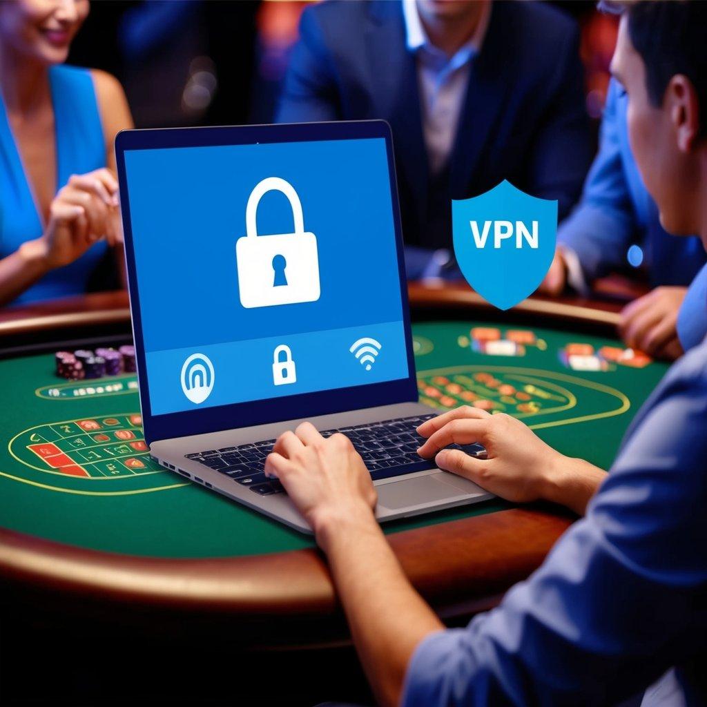 A person using a laptop at a casino table, surrounded by others. A secure lock icon and VPN symbol are displayed on the screen