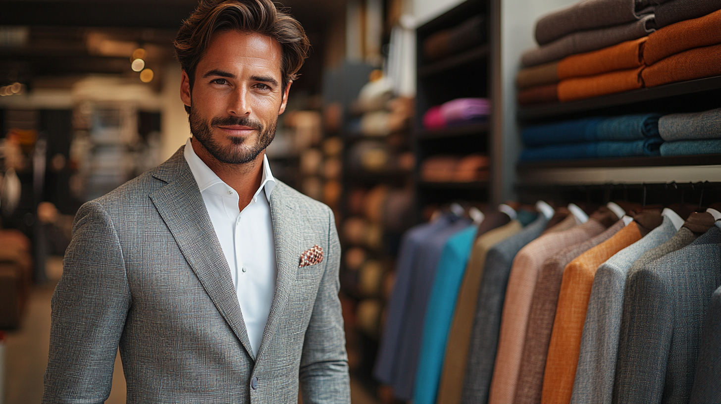 A well-dressed man in a suit, demonstrating the importance of fabric choice. On one side, a high-quality wool suit exudes sharpness and professionalism. On the other side, a relaxed linen or lightweight wool suit is worn in a comfortable setting, showing off its breathability and comfort for warmer weather. The man stands confidently, with visual representations of different materials like wool flannel and tweed for colder weather in the background, each fabric demonstrating its durability and fit. The scene reflects both elegance and practicality