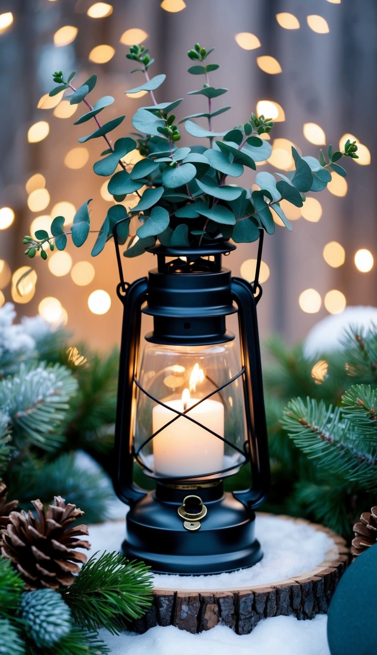 A lantern filled with fresh eucalyptus surrounded by winter plants and pinecones